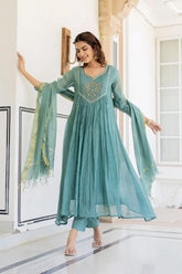 Sea Green Mul Chanderi A-Line Suit with Handwork and Zari Dupatta