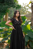 Black Georgette Dress with Floral Embroidery
