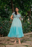 Aqua Blue Ombre Georgette Dress with Floral Embroidery