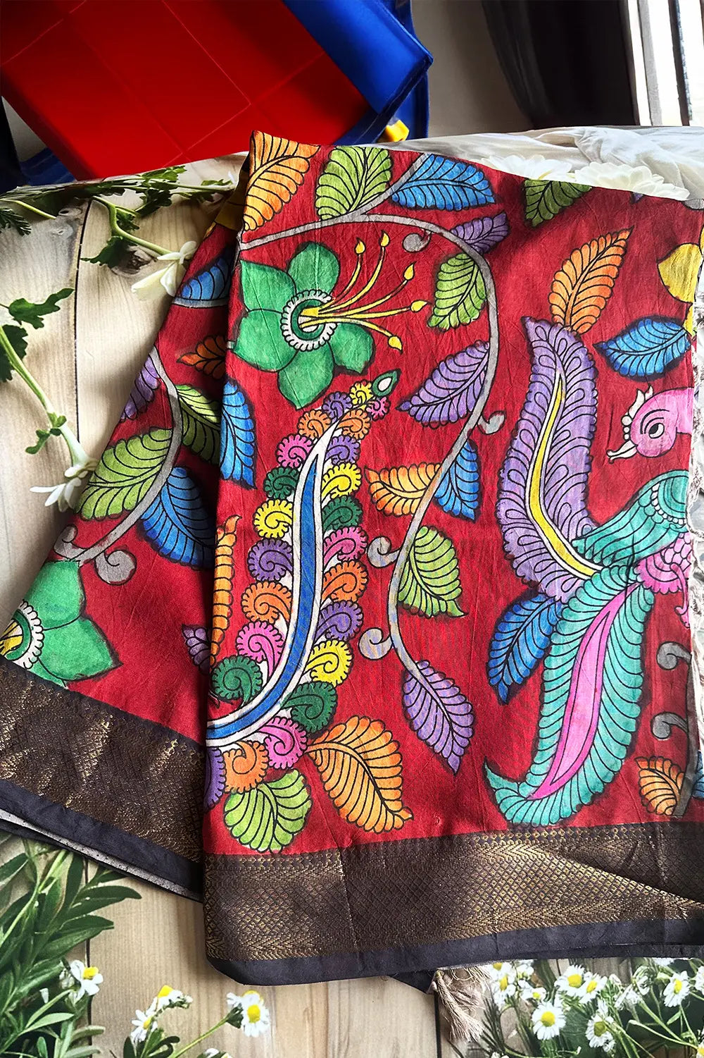 Maroon Pen Kalamkari Dupatta with Nizam Border