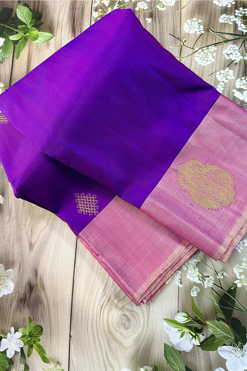 Purple Kolam Butta Silk Saree with Pink Border & 2G Gold Zari