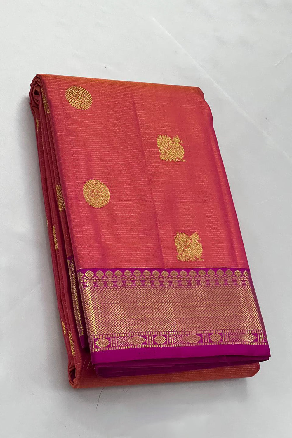 Pink-Orange Vaira Oosi Silk Saree with Korvai Border & 2G Zari