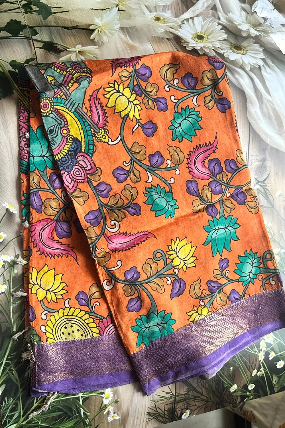 Orange Pen Kalamkari Dupatta with Nizam Border