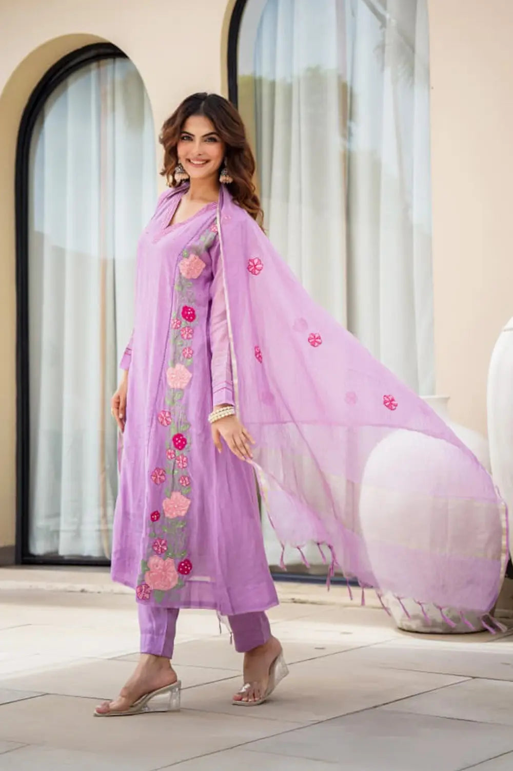 Lavender Mul Chanderi Suit with Delicate Patchwork and Handwork
