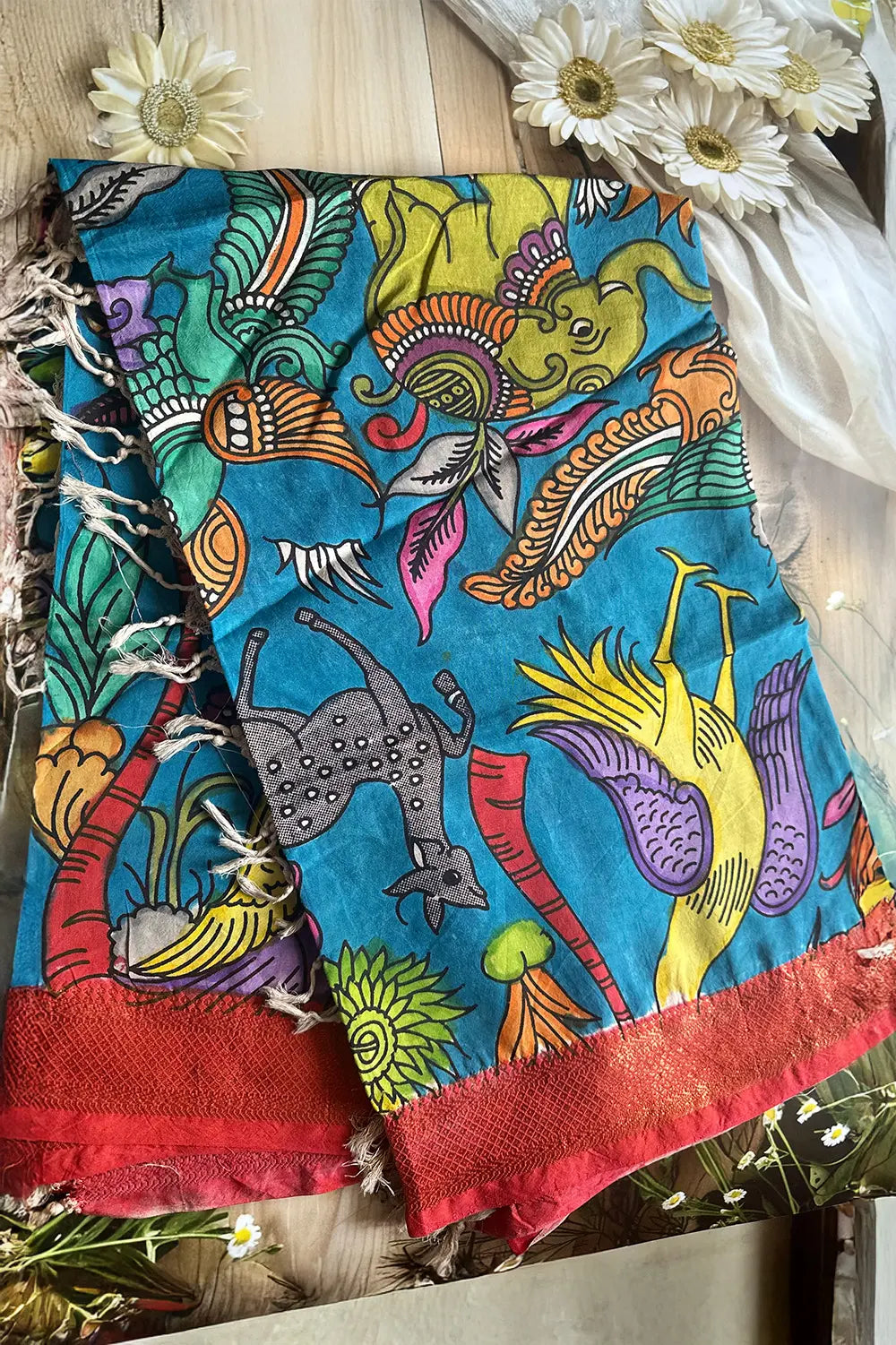 Skyblue Pen Kalamkari Dupatta with Nizam Border