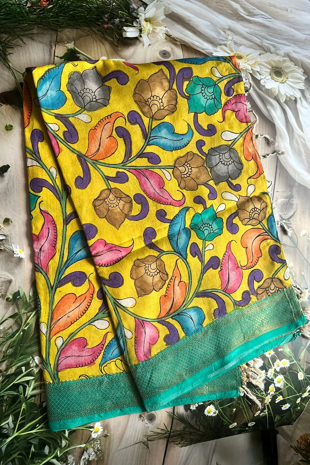 Yellow Pen Kalamkari Dupatta with Nizam Border