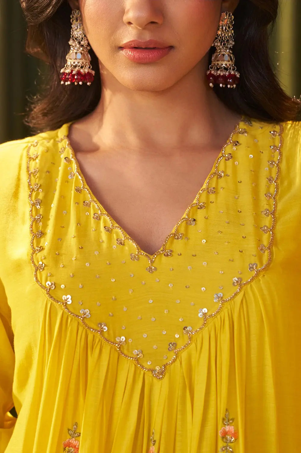 Yellow Mul Chanderi Suit Set with Intricate Embroidery and Scallop Detailing