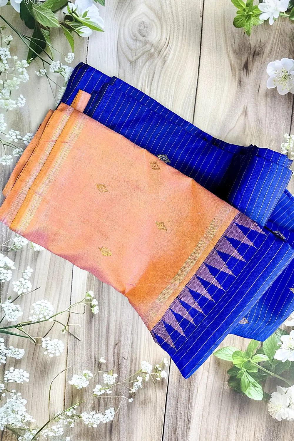 Royal Blue Silk Saree with Peach Diamond Motif Border