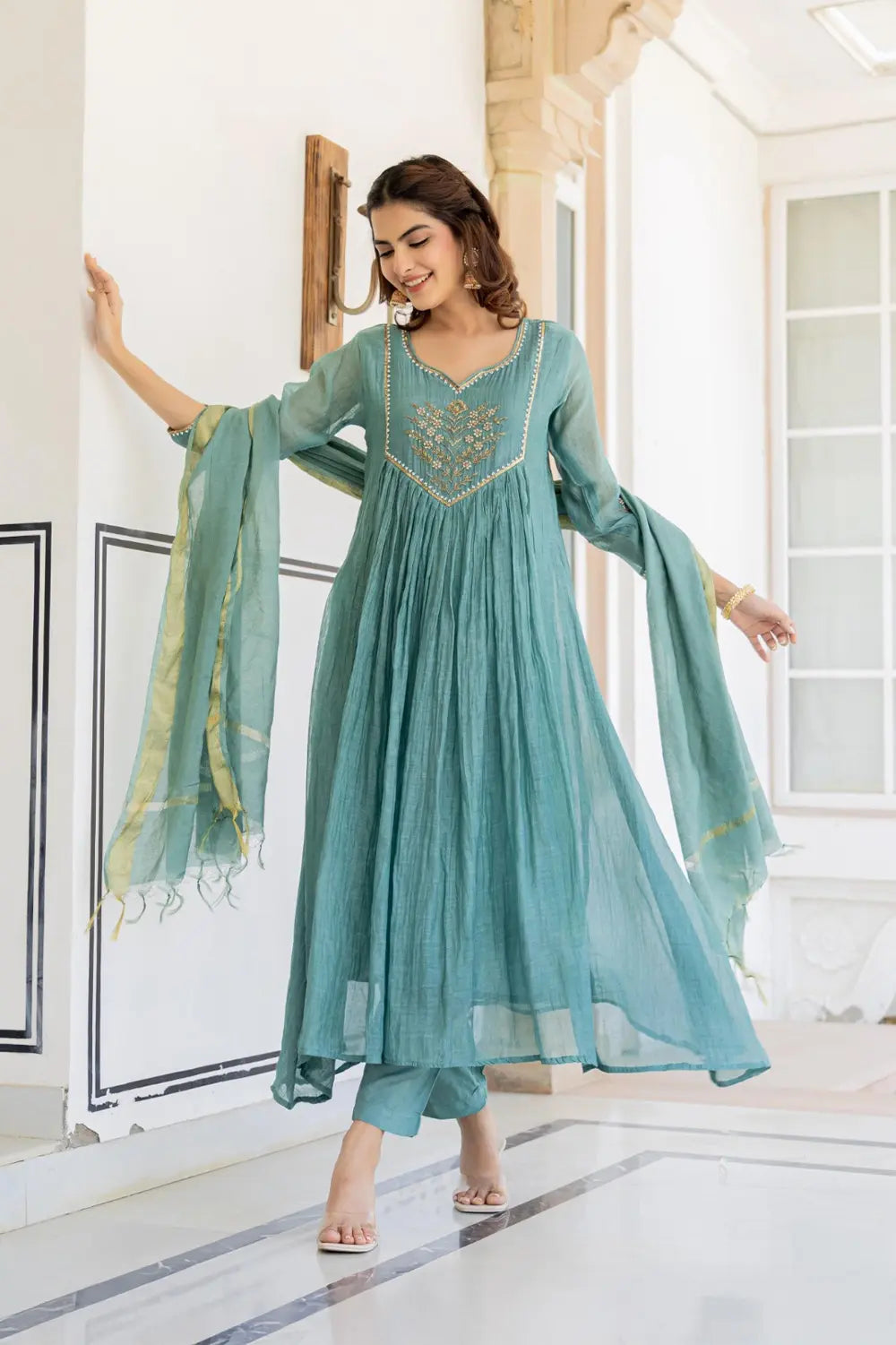 Sea Green Mul Chanderi A-Line Suit with Handwork and Zari Dupatta