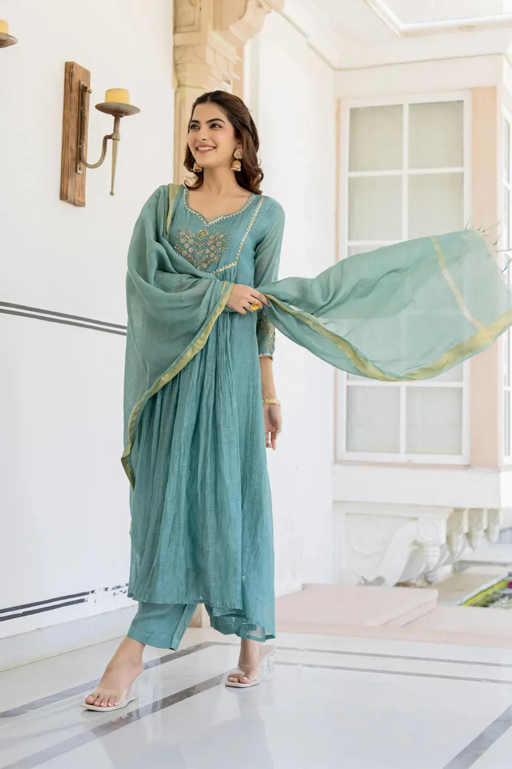 Sea Green Mul Chanderi A-Line Suit with Handwork and Zari Dupatta