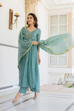 Sea Green Mul Chanderi A-Line Suit with Handwork and Zari Dupatta