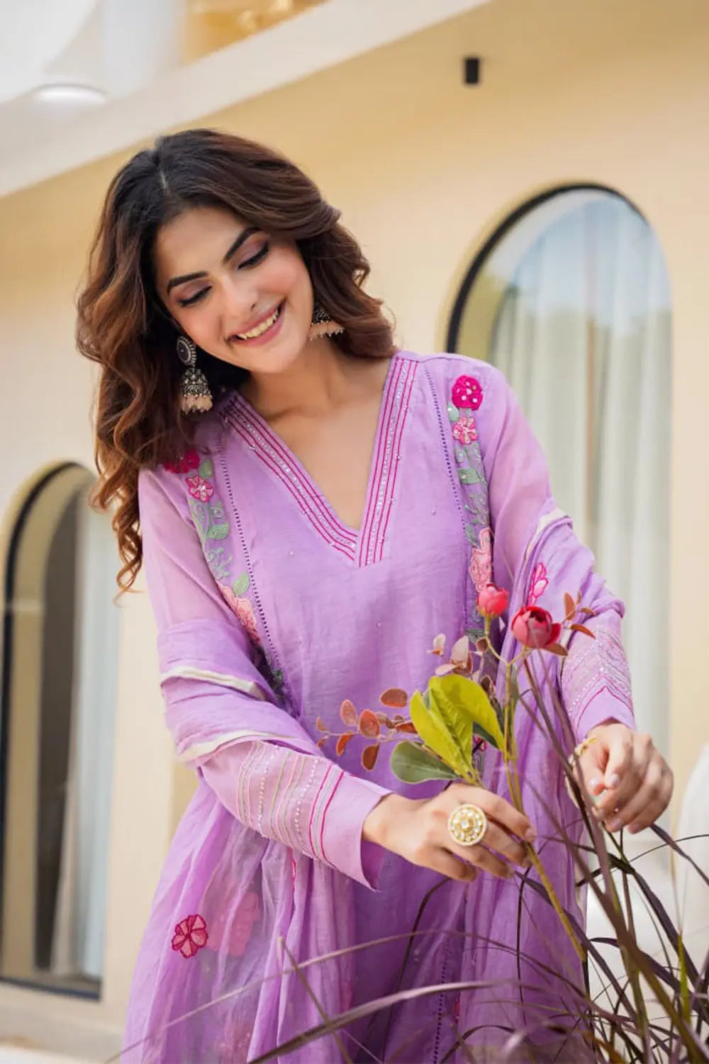 Lavender Mul Chanderi Suit with Delicate Patchwork and Handwork
