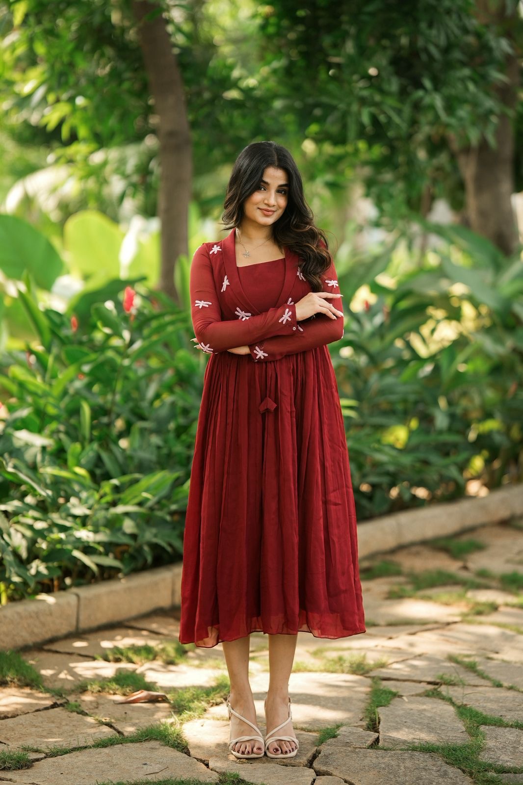 Wine Red Georgette Dress with Dragonfly Embroidery