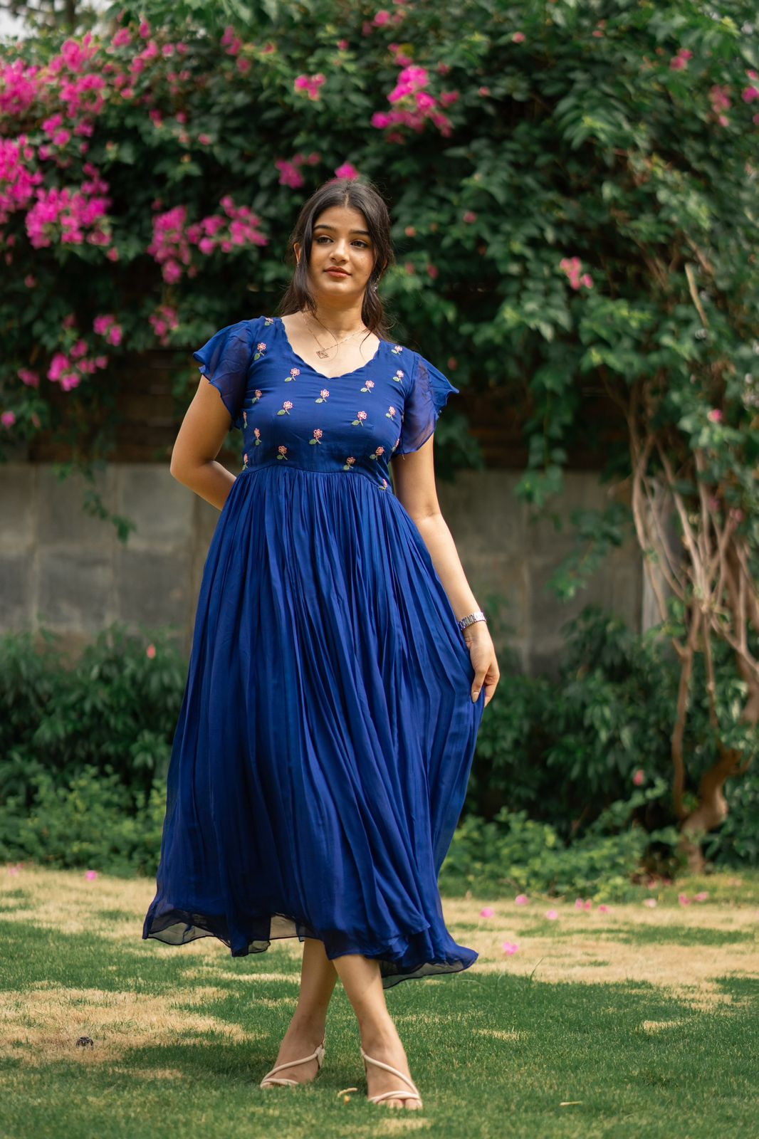 Royal Blue Georgette Dress with Scallop V-Neck &amp; Ruffled Cap Sleeves
