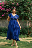 Royal Blue Georgette Dress with Scallop V-Neck &amp; Ruffled Cap Sleeves