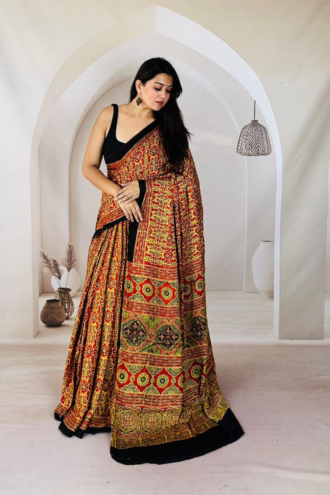 Yellow Modal Silk Saree with Classic Red Ajrakh Design
