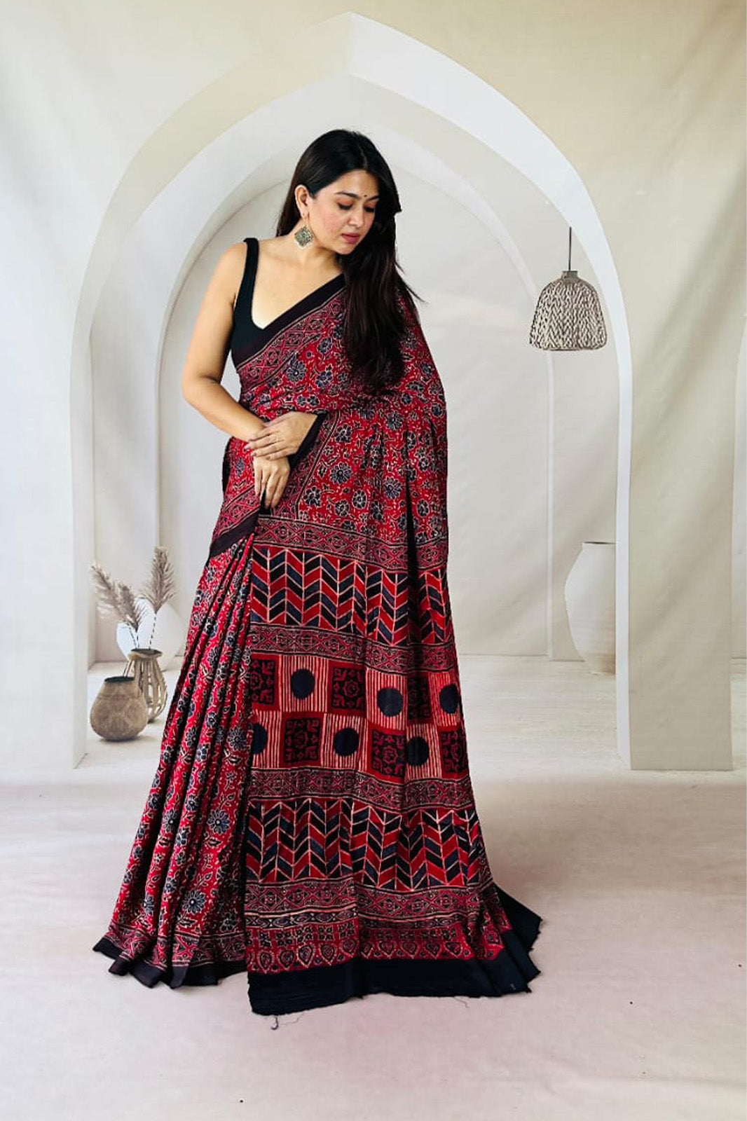 Classic Red & Black Ajrakh Printed Modal Silk Saree