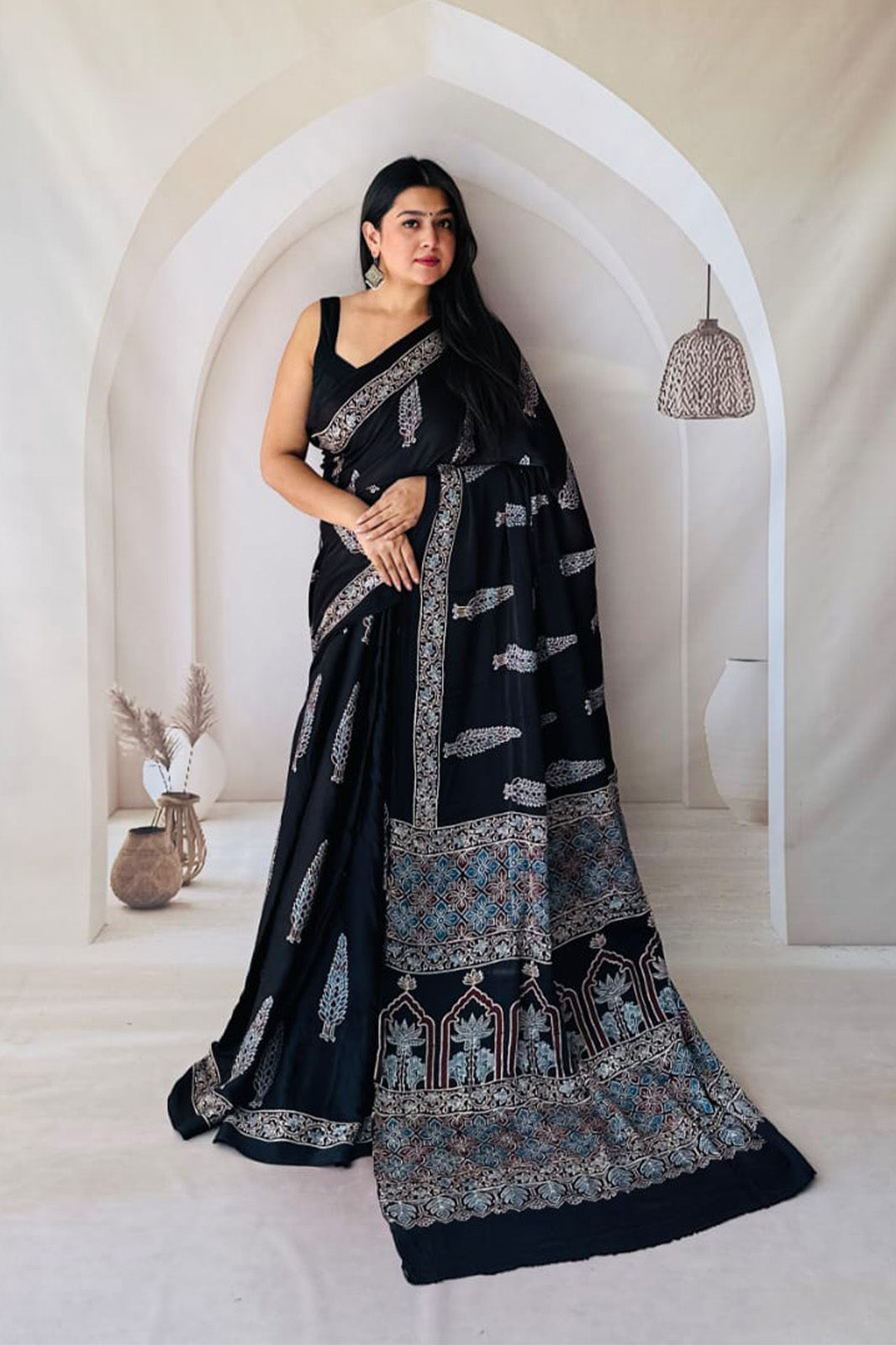 Black Pure Modal Silk Saree with Ajrakh-Inspired Pallu