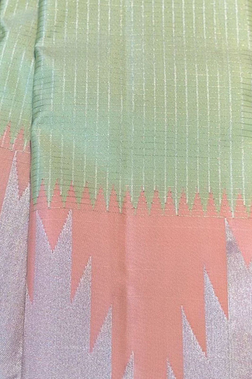 Cardamom Green Pure Kanchi Silk Saree with Pastel Pink Temple Border